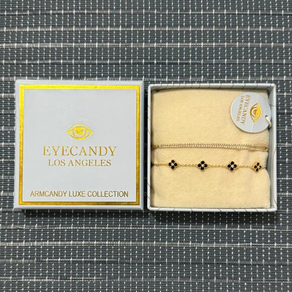 NEW | EYE CANDY | Double Stack Black Onyx Clover & Cubic Zirconia Bracelet Set - Picture 2 of 2